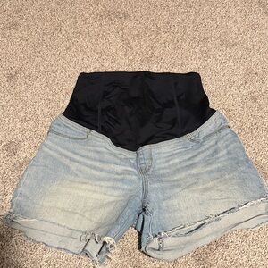 Isabel Maternity High Waist Denim Shorts with Black Band